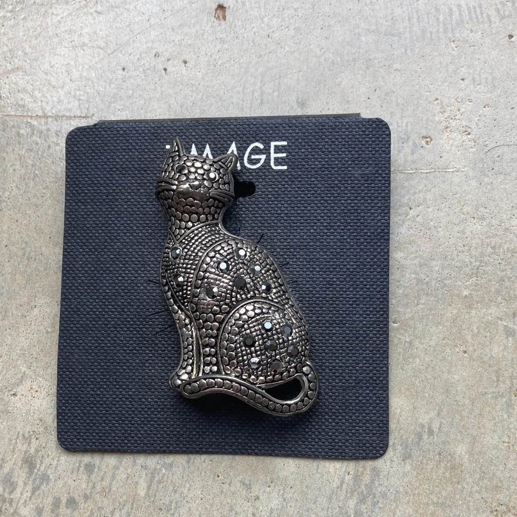 Vintage Nwt Pewter And Marcasite Cat Brooch By Image. Perfect New On Card.